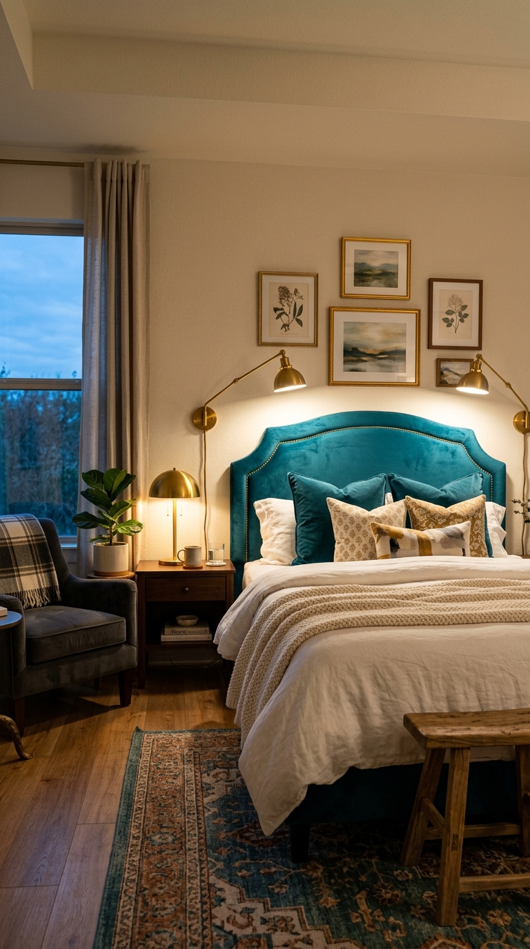 Teal velvet headboard bedroom idea with brass lamps for a cozy glam look