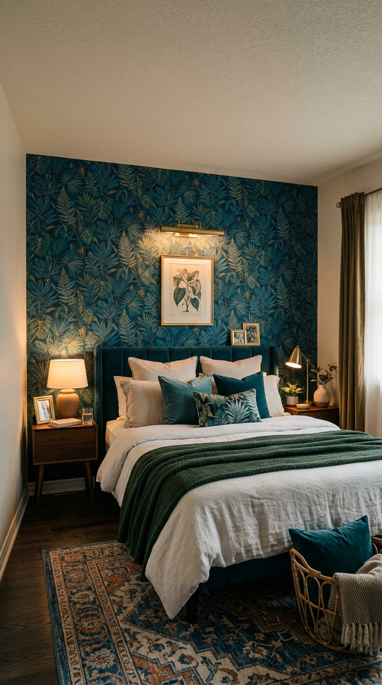 Teal wallpaper bedroom idea with botanical pattern and brass lighting
