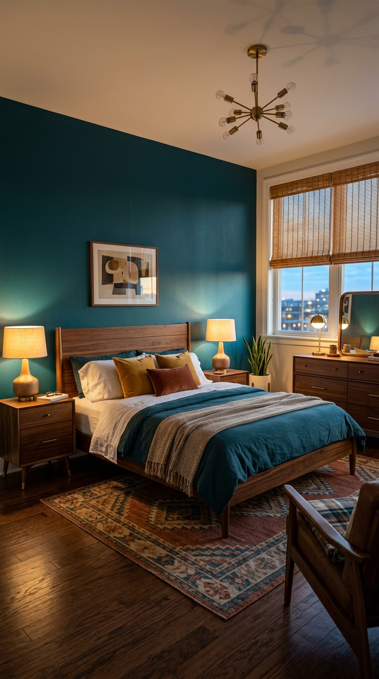 Teal and wood bedroom idea pairing rich color with warm walnut furniture
