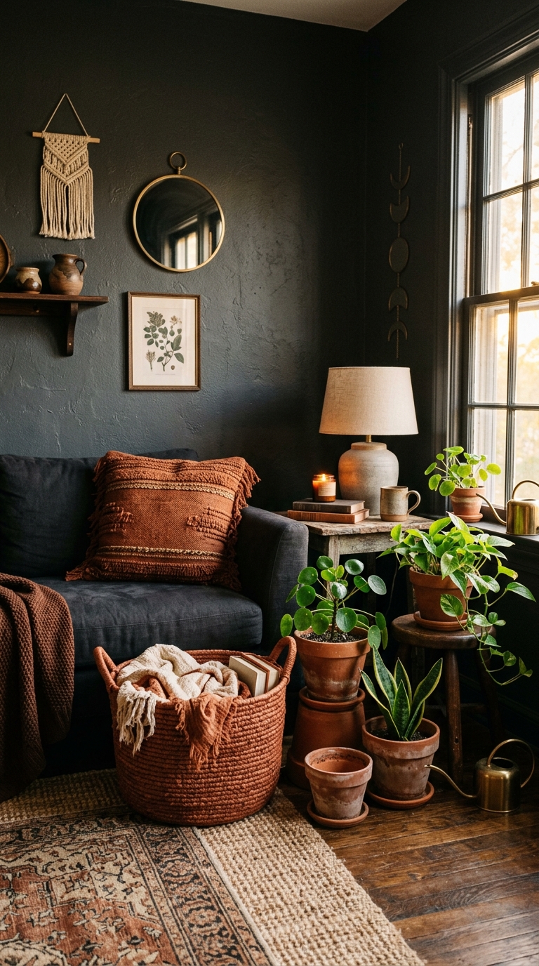 Terracotta and burnt sienna accents warming up a dark boho living room corner