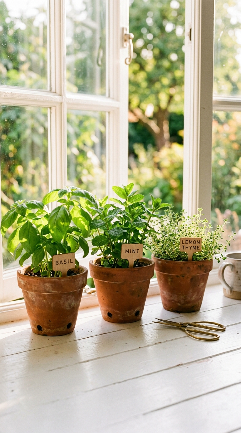 Three terracotta pots with basil, mint, and lemon thyme on a sunny kitchen windowsill in summer