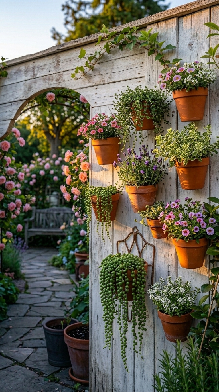 Terracotta pots mounted at varying heights on a whitewashed garden wall with trailing herbs and flowers