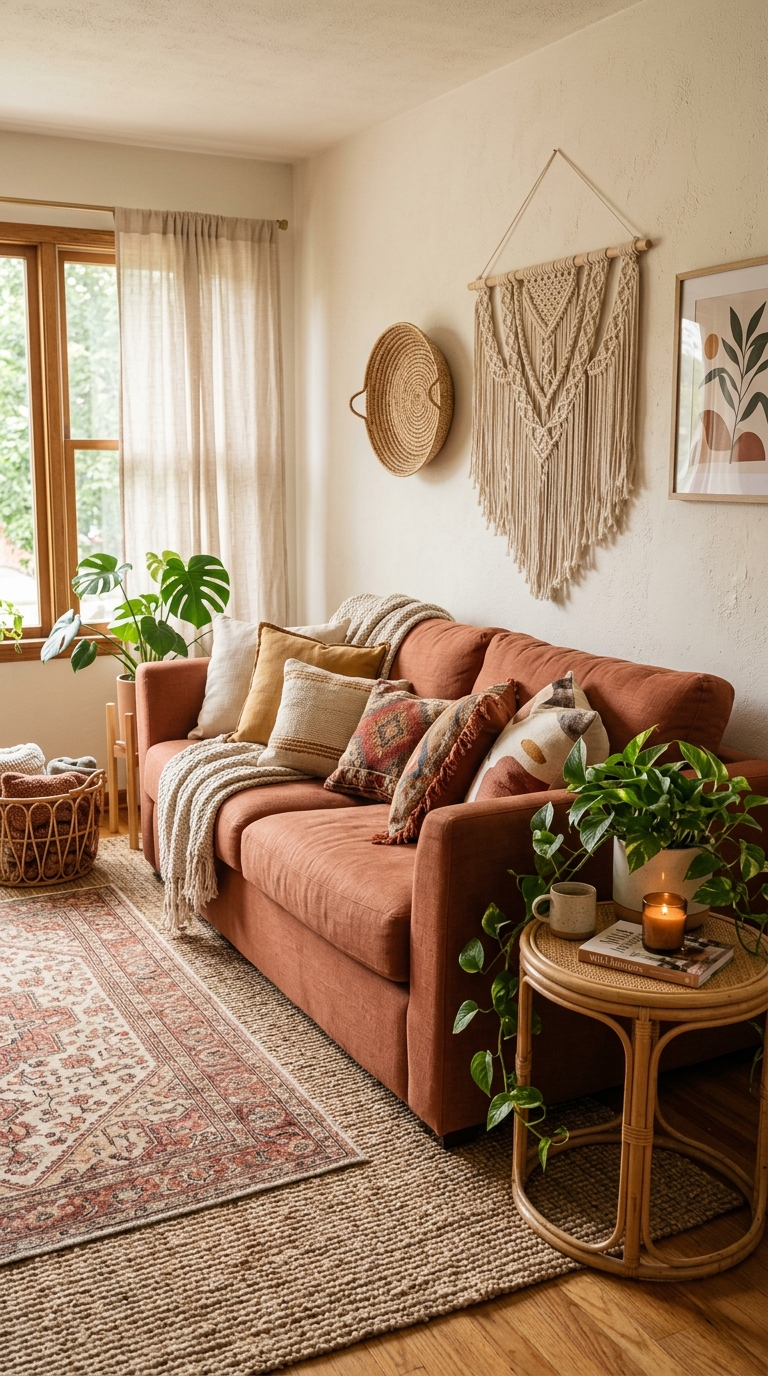 Terracotta sofa in a boho living room with layered rugs rattan side table and trailing plants