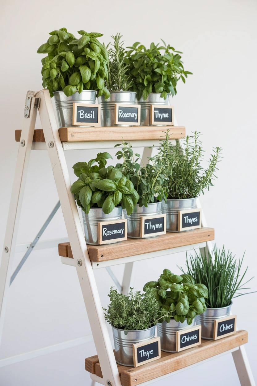 Tiered ladder herb garden with chalkboard labeled pots of basil, rosemary, thyme, and chives
