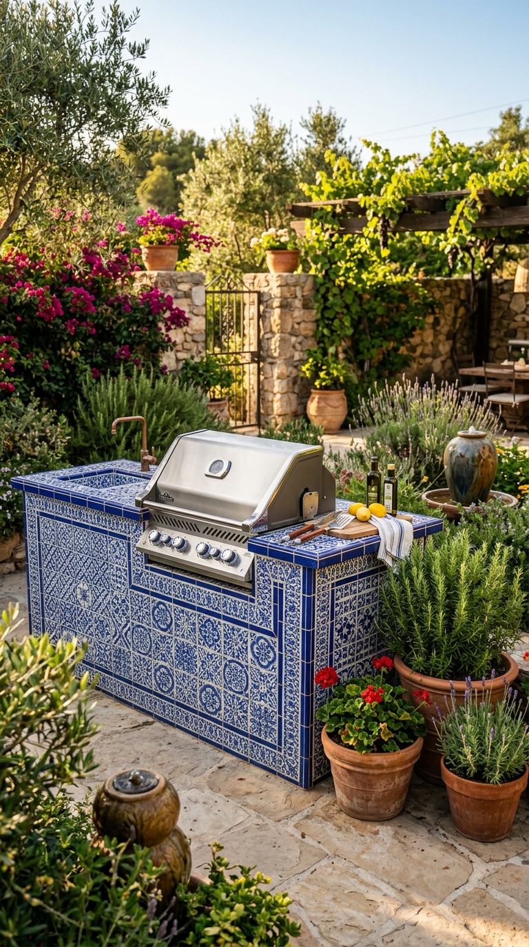 Outdoor grill island with colorful mosaic tile finish and stainless steel grill in a Mediterranean backyard setting