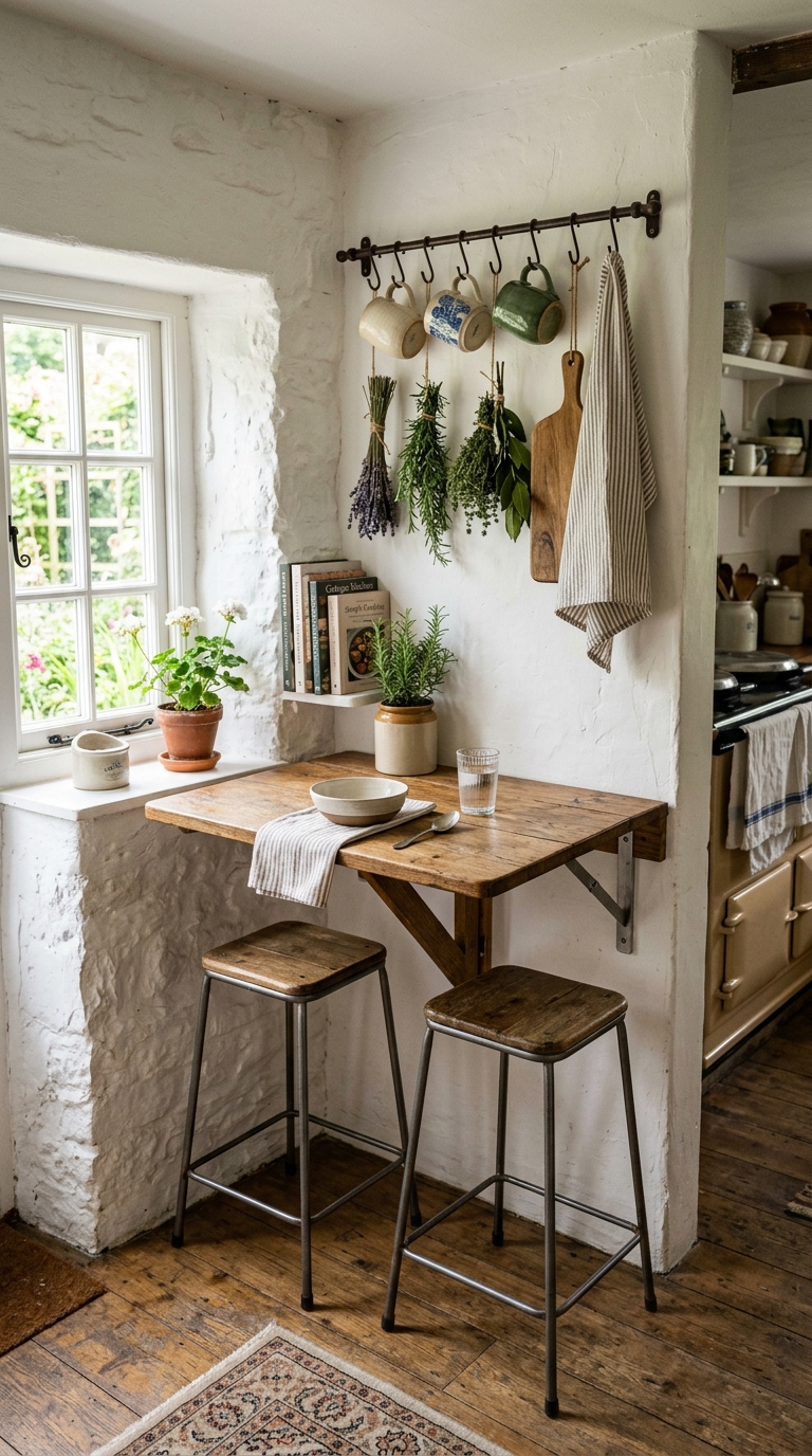Tiny cottage kitchen corner nook with fold-down table and wall hook storage