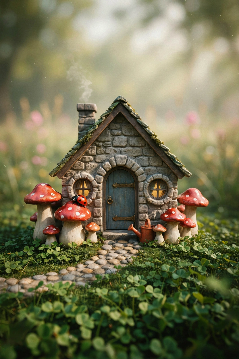 Miniature fairy garden with stone cottage and colorful toadstool mushrooms in a woodland setting