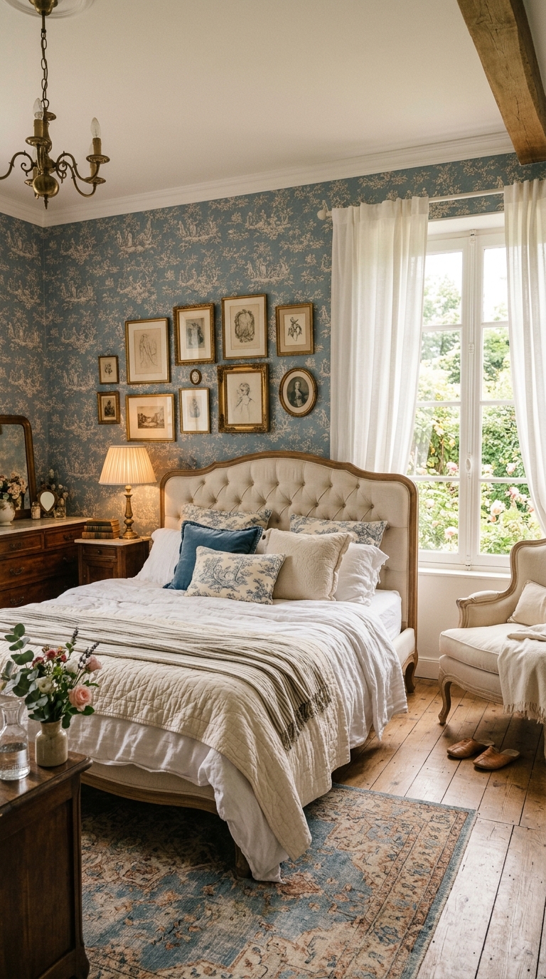 Dusty blue toile de jouy wallpaper in a French country shabby chic bedroom with linen headboard and sheer curtains