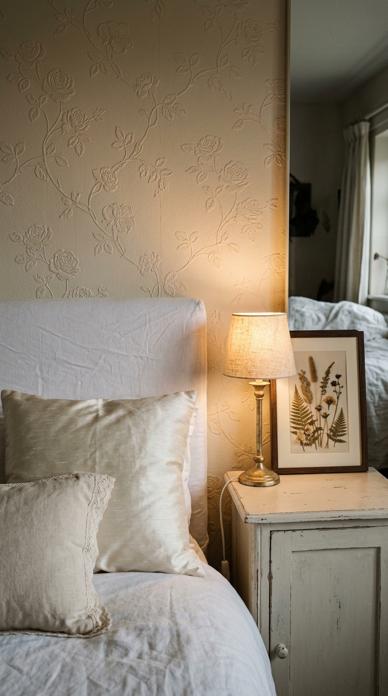 Tonal cream floral embossed wallpaper in a quietly luxurious shabby chic bedroom with white upholstered bed