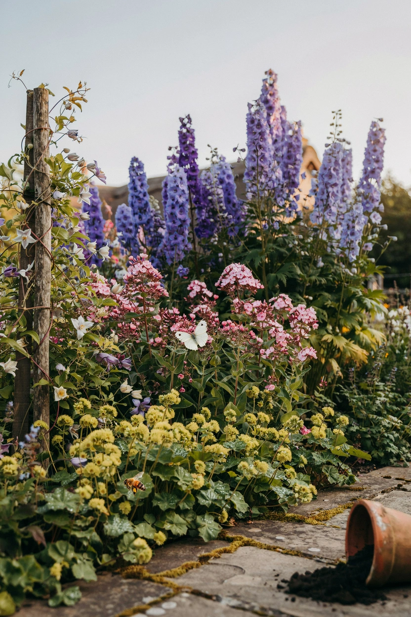 Traditional layered herbaceous cottage garden border with delphiniums, phlox, and alchemilla mollis in soft summer light