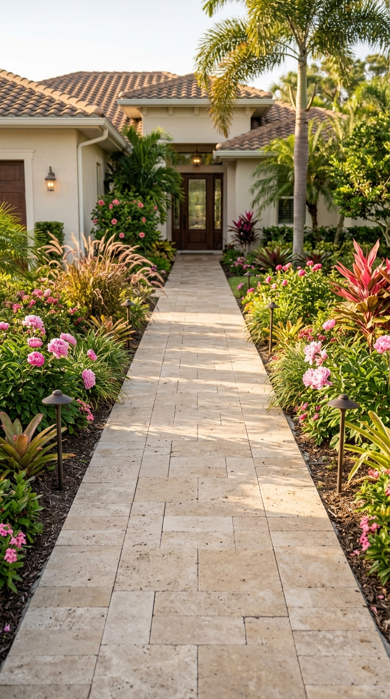 Travertine paver walkway with tropical border plants leading to the Florida home front door