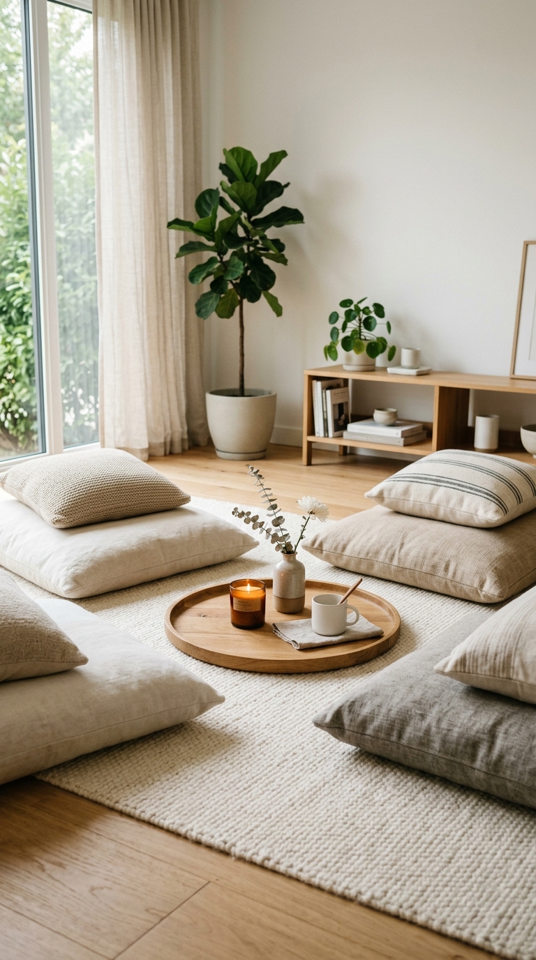 Minimalist floor seating setup with a large wooden tray as a surface on a rug in a clean, bright living room