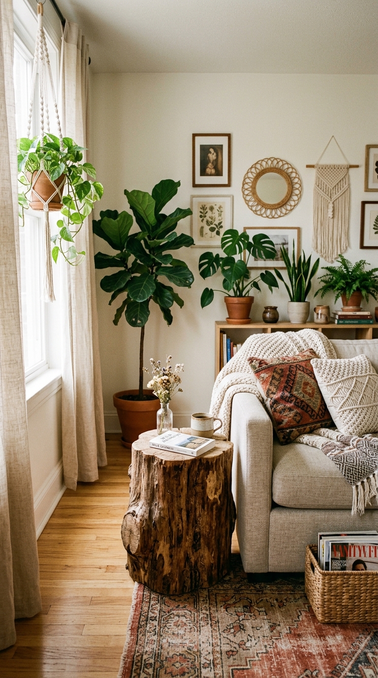 Natural tree stump used as side coffee table in compact boho apartment living room