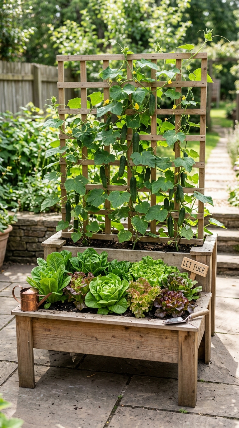 Trellis-topped raised bed combo for a small potager garden