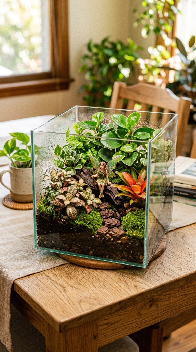 lush tropical fairy garden terrarium with fittonia and peperomia plants indoors