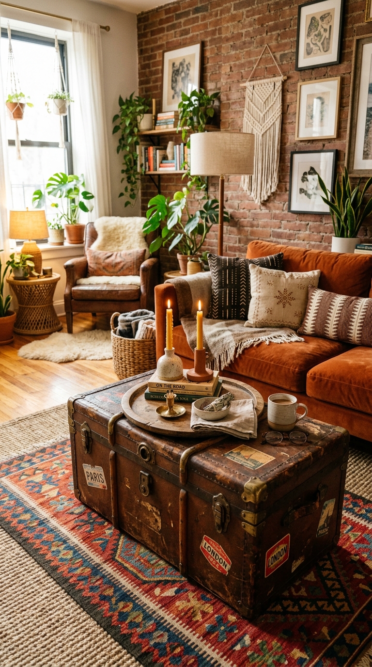 Vintage leather trunk used as coffee table with tray in eclectic compact apartment living roomVintage leather trunk used as coffee table with tray in eclectic compact apartment living room