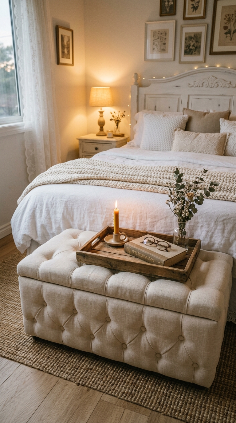 Tufted cream linen storage ottoman at the foot of a white shabby chic bed, styled with a wooden tray and candle in a romantic bedroom setting