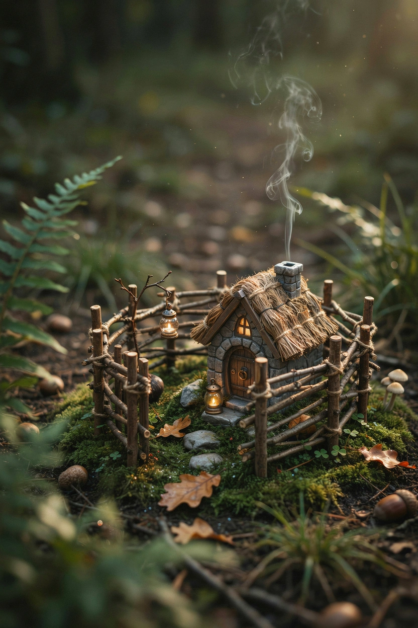 DIY twig fence surrounding a stone fairy cottage in a woodland garden with tiny lanterns