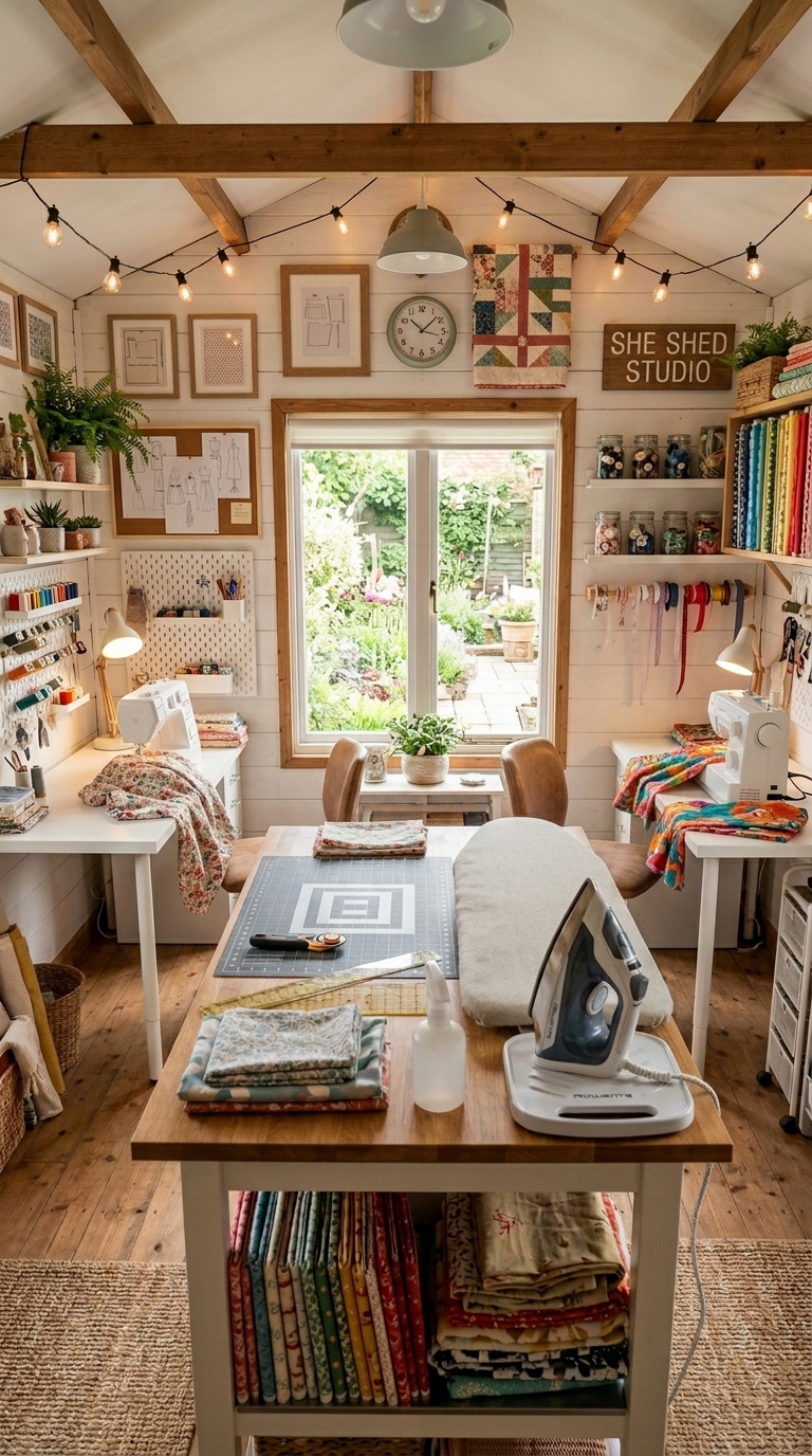 Two people sewing a she-shed idea with shared workstations for lessons