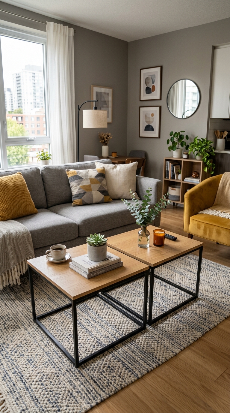 Two small square coffee tables used together in compact apartment modern living room setup
