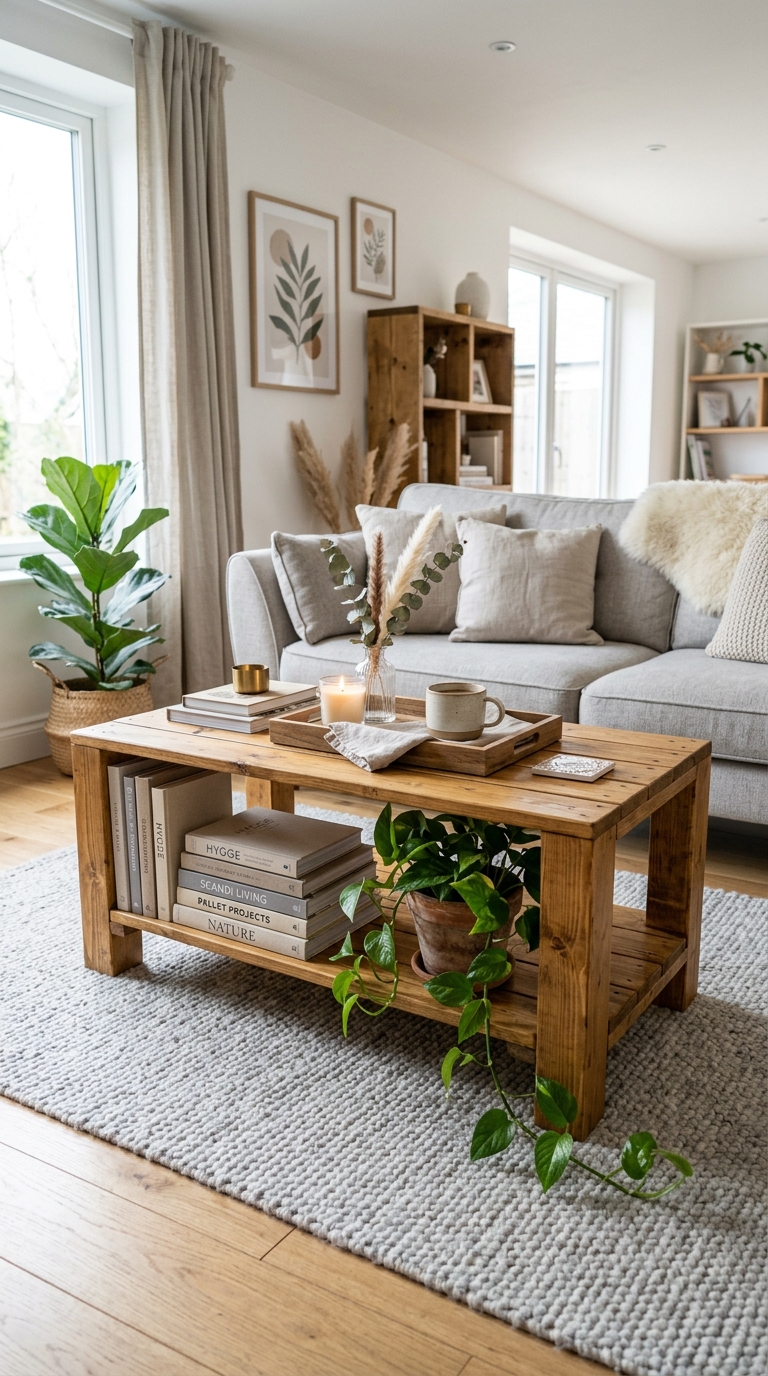DIY two-tier pallet coffee table with magazine rack bottom shelf, styled with books and tray in a bright Scandinavian living room