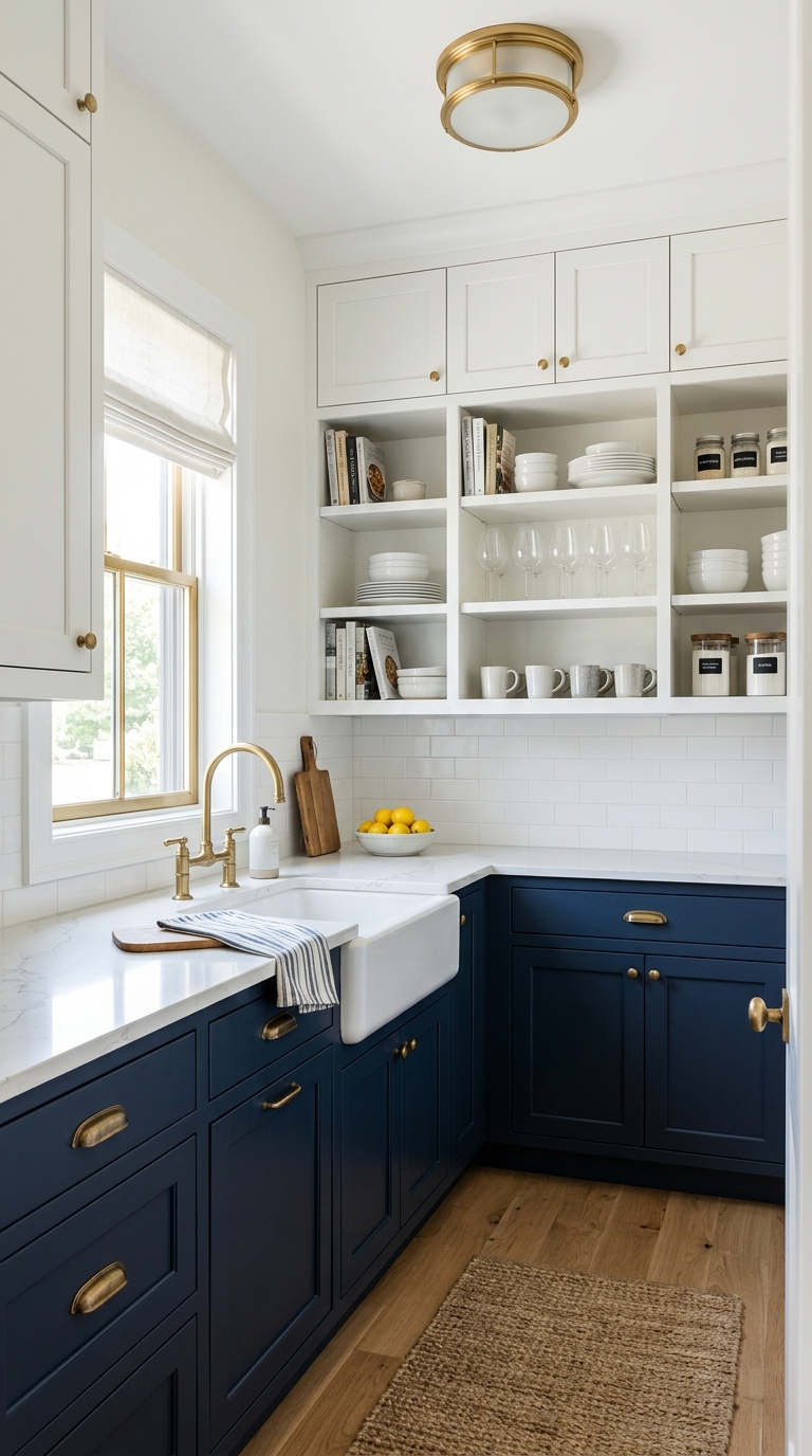 Two-tone butler's pantry with navy lower cabinets, white upper cabinets, and brass hardware