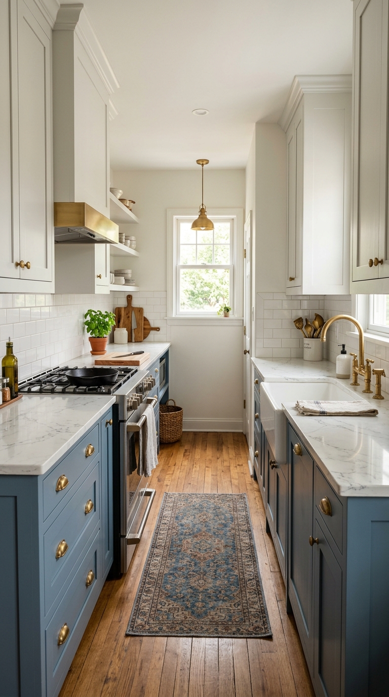 Two-tone galley kitchen with dusty blue lower cabinets and white uppers, brass hardware and marble countertop for an elegant narrow kitchen