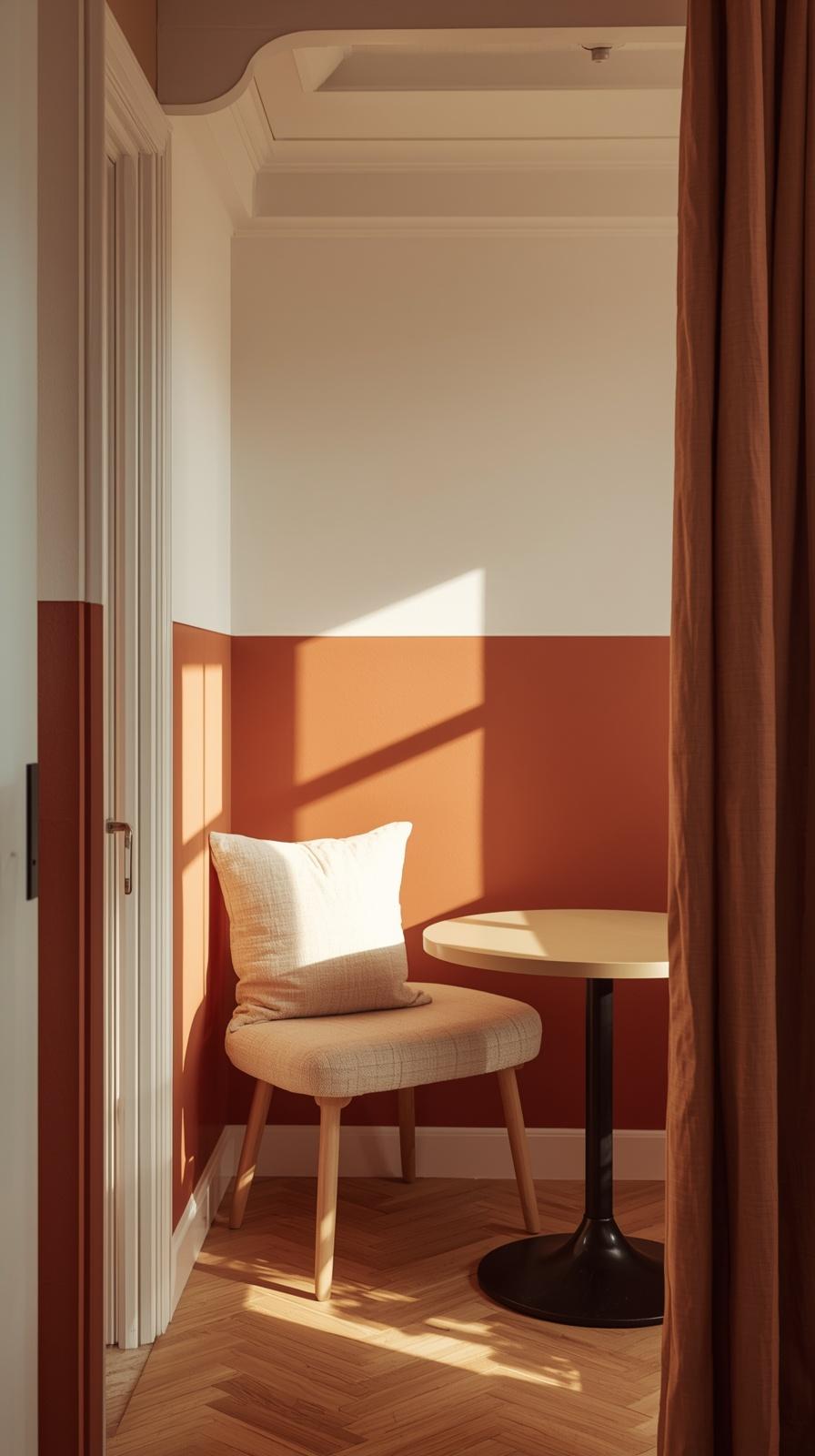 Small kitchen breakfast nook defined by two-tone terracotta and a white painted wall