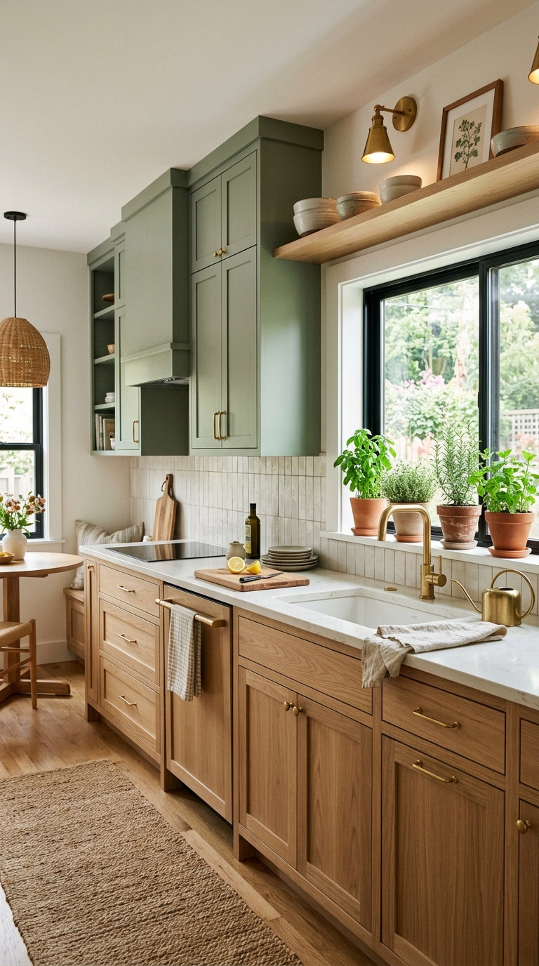 Two-tone kitchen with white oak lower cabinets and sage green upper cabinets with brass hardware and warm white countertop
