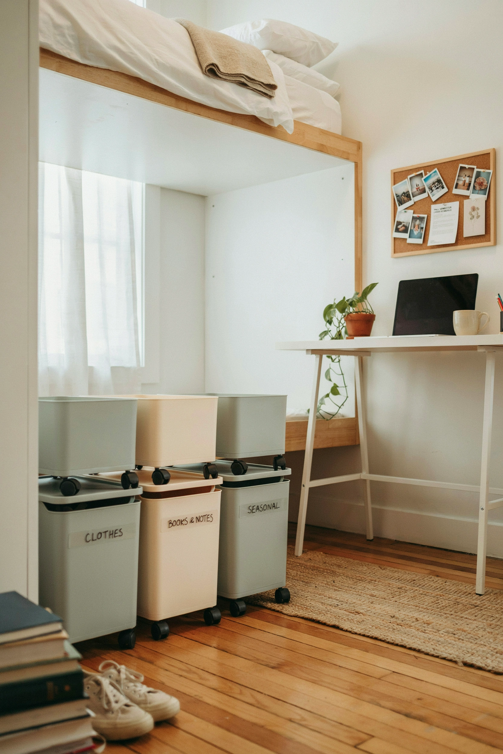 Under-bed storage bins in a college dorm room — small bedroom organization ideas for men