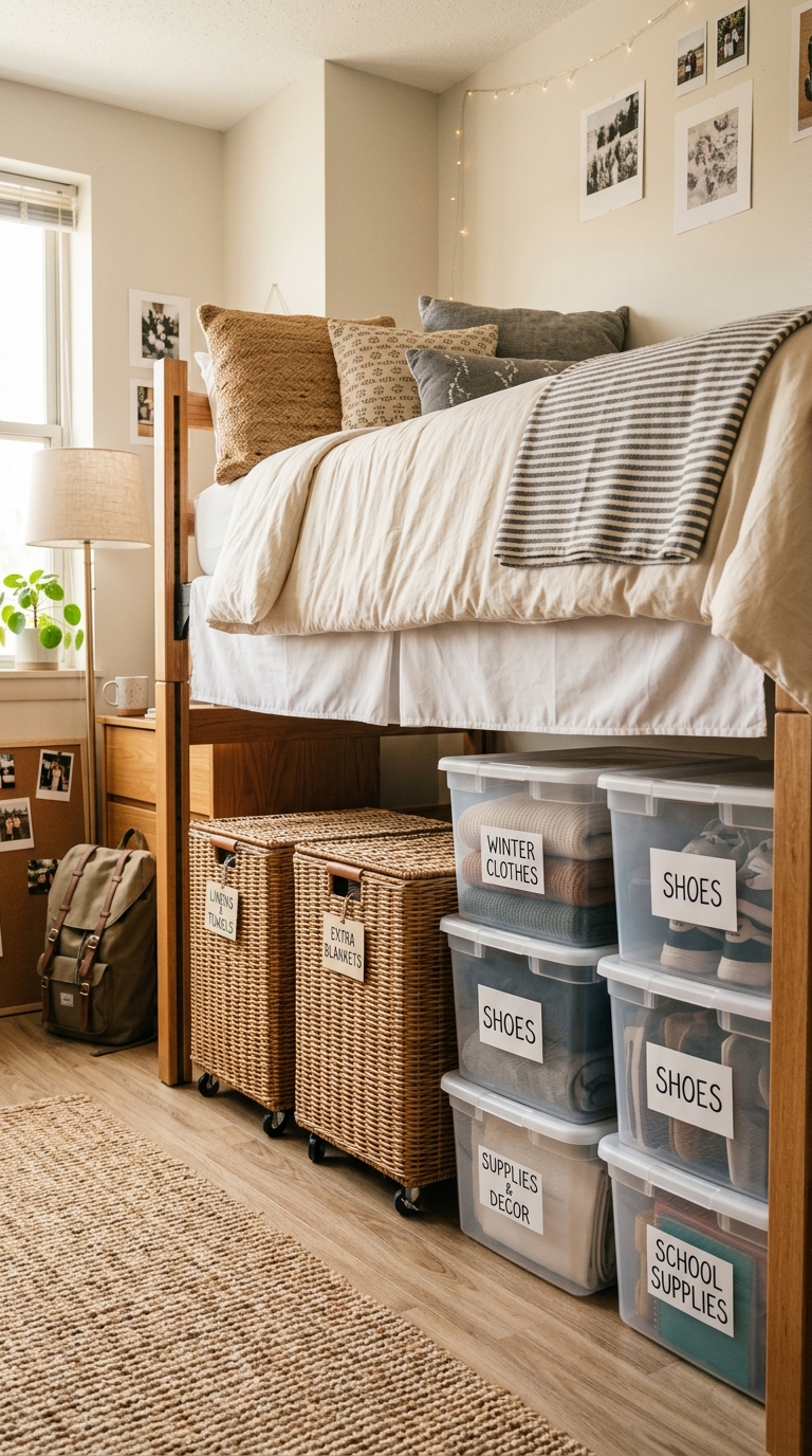 Under-bed storage organization in a shared dorm room with rolling bins and woven baskets for two students