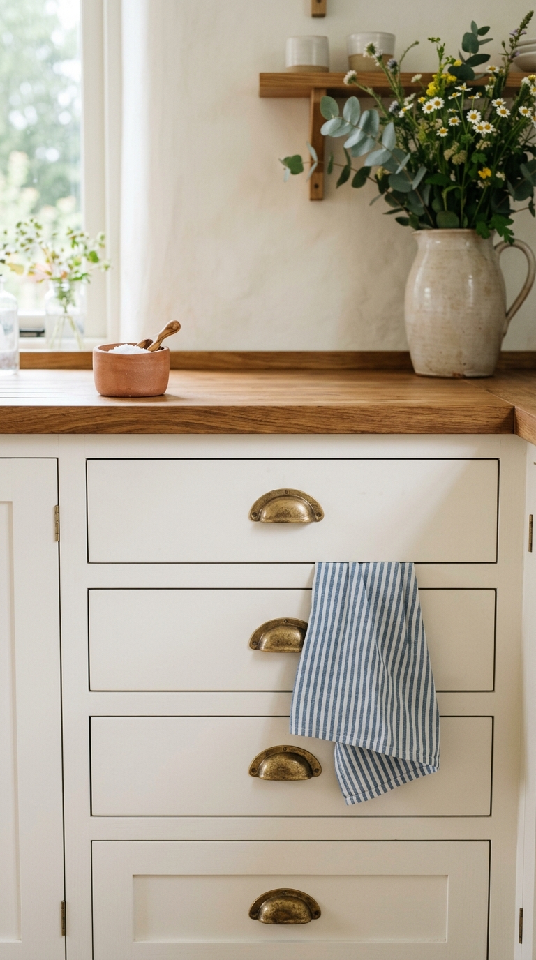 Unlacquered brass cup pulls on white shaker kitchen drawers with linen dish towel and clay salt cellar