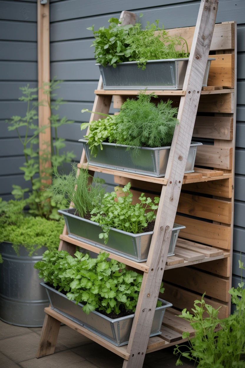 Upcycled pallet and ladder herb garden with deep planting shelves growing parsley and cilantro outdoors