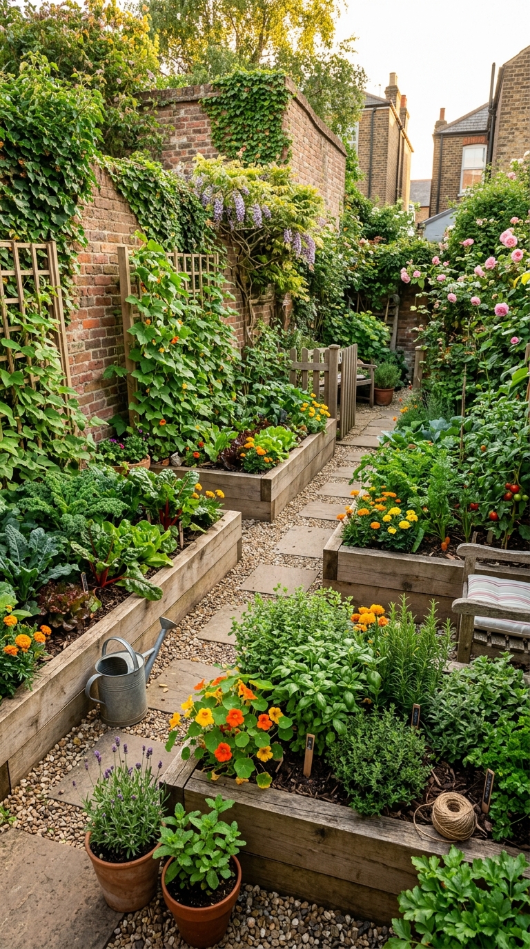 Urban potager garden design ideas for small outdoor spaces with raised beds and edible plants