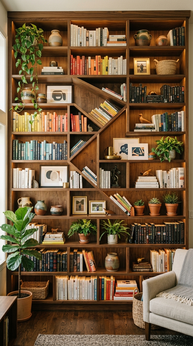 Floor-to-ceiling living room built-in bookcase with varied heights and diagonal styling, warm and editorial aesthetic