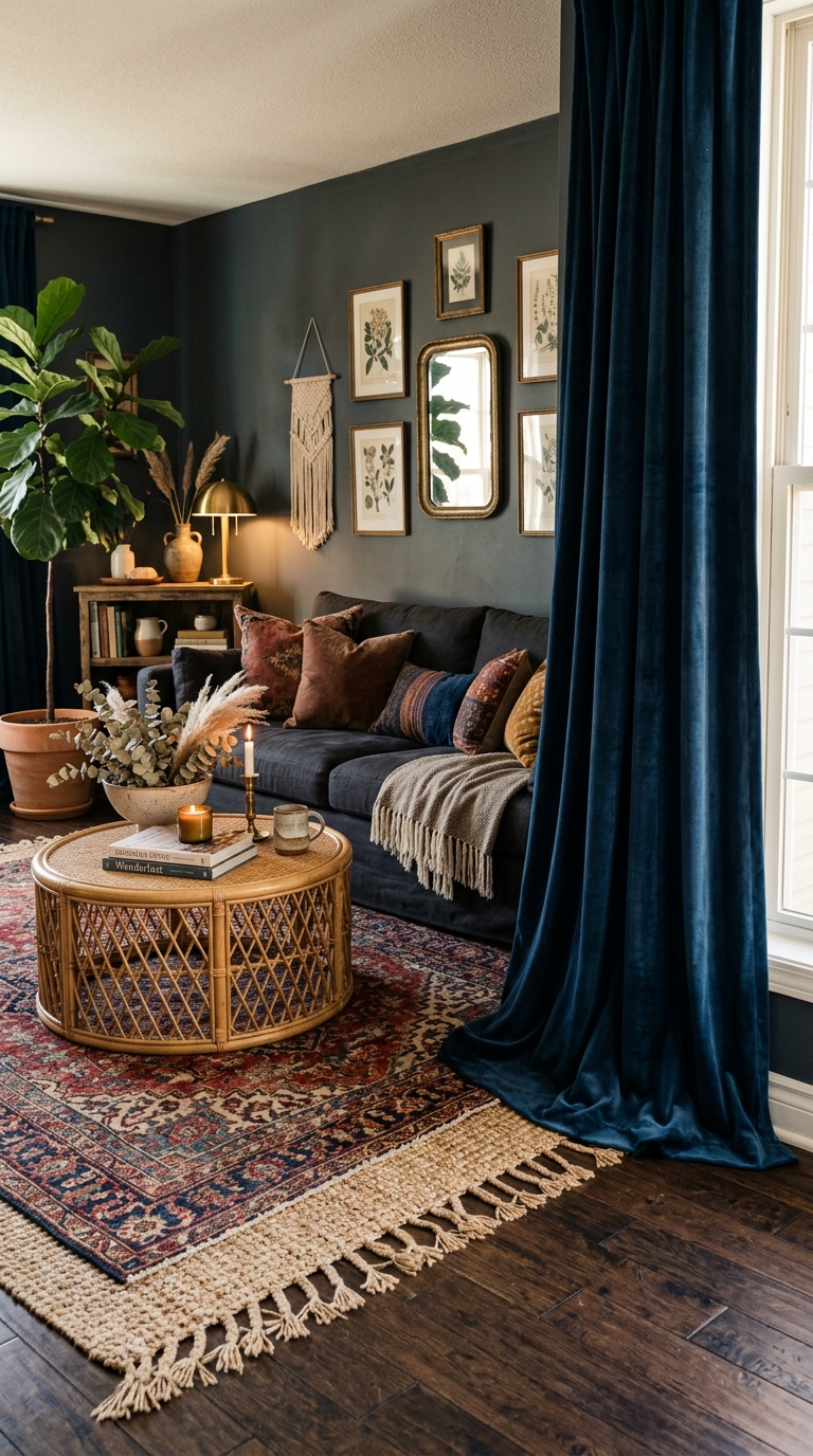 Midnight blue velvet curtains pooling on the floor in a dark boho living room