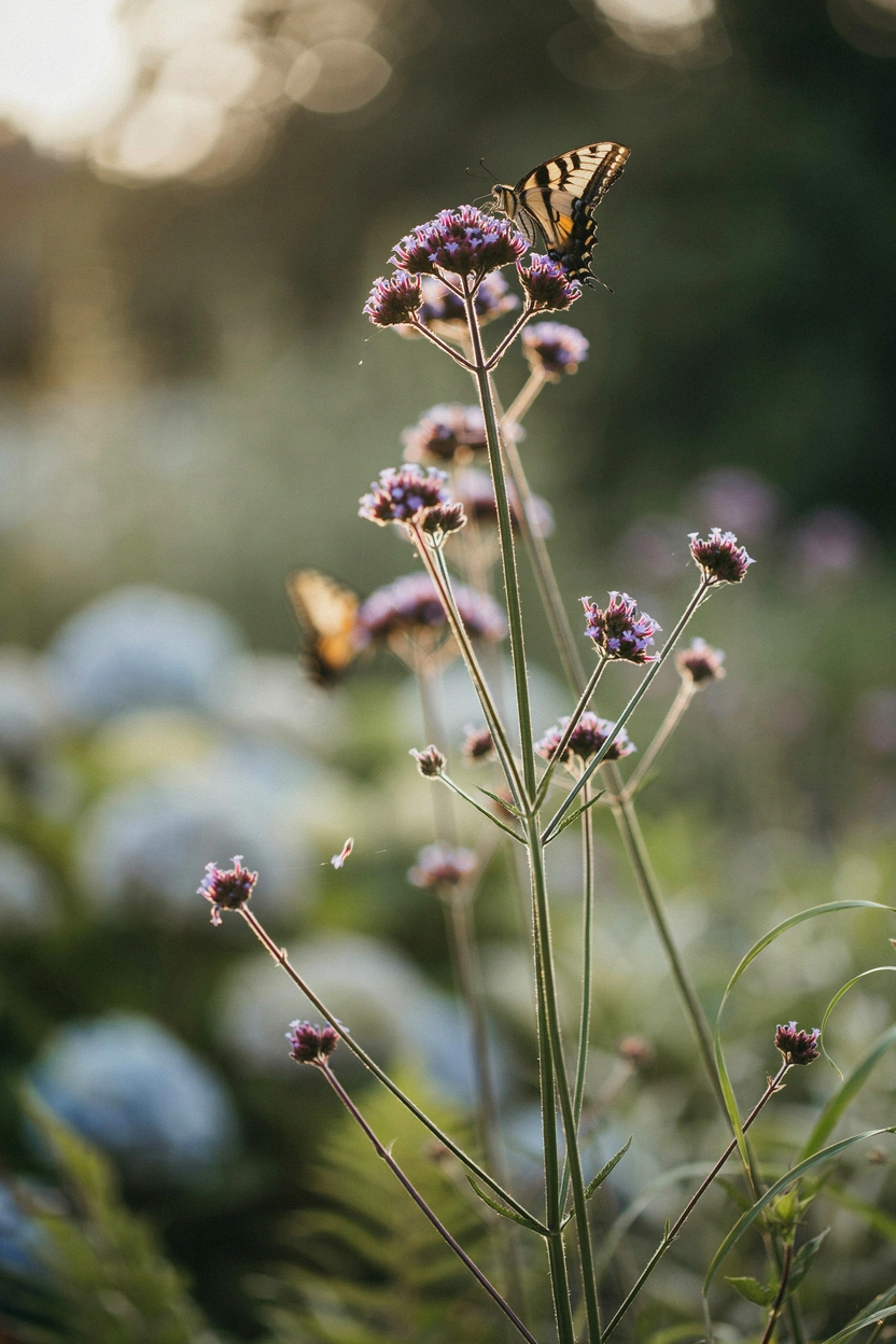 Tall purple Verbena bonariensis stems attracting a swallowtail butterfly in a summer pollinator garden
