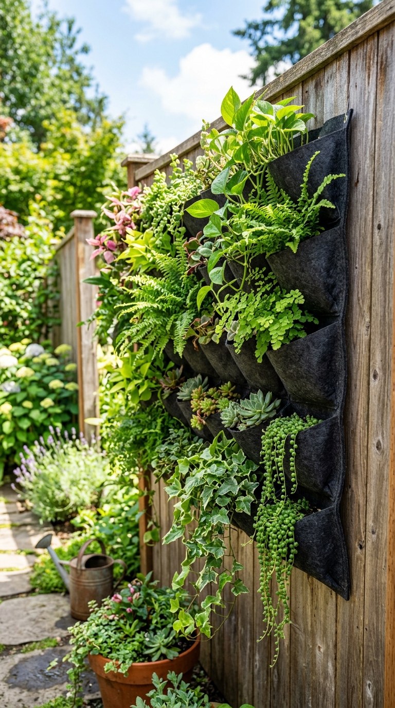 Vertical garden wall with pocket planters filled with trailing plants on a wooden garden fence
