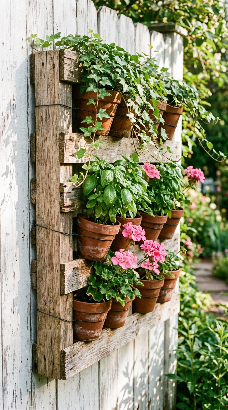 Vertical garden wall idea for a small side yard using pallet planters and terracotta pots