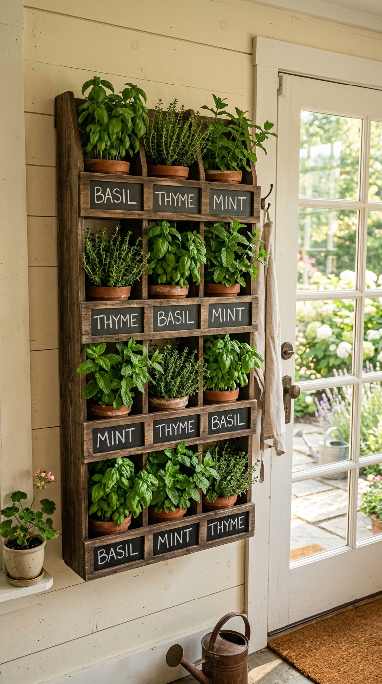 Vertical herb garden idea near a kitchen side door in a small side yard