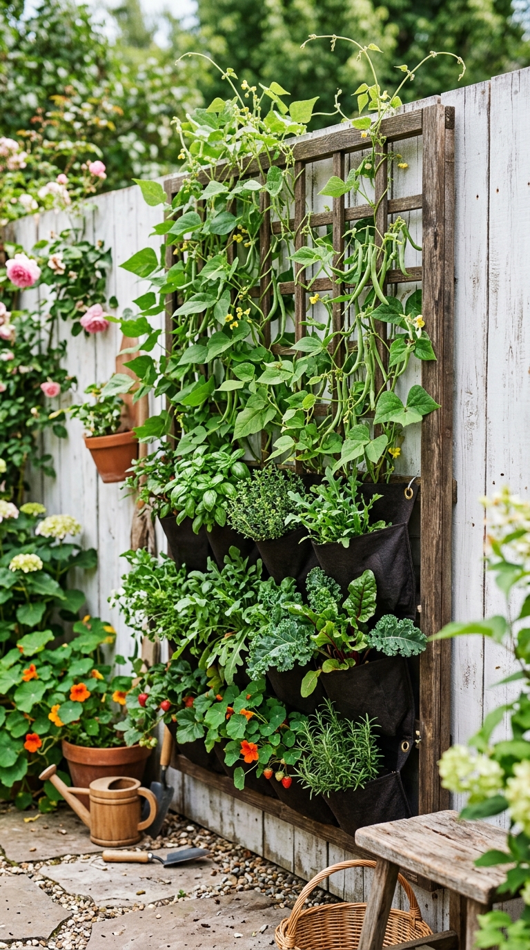 Vertical urban potager garden wall with wooden trellis, pocket planters, and climbing vegetables on a whitewashed fence