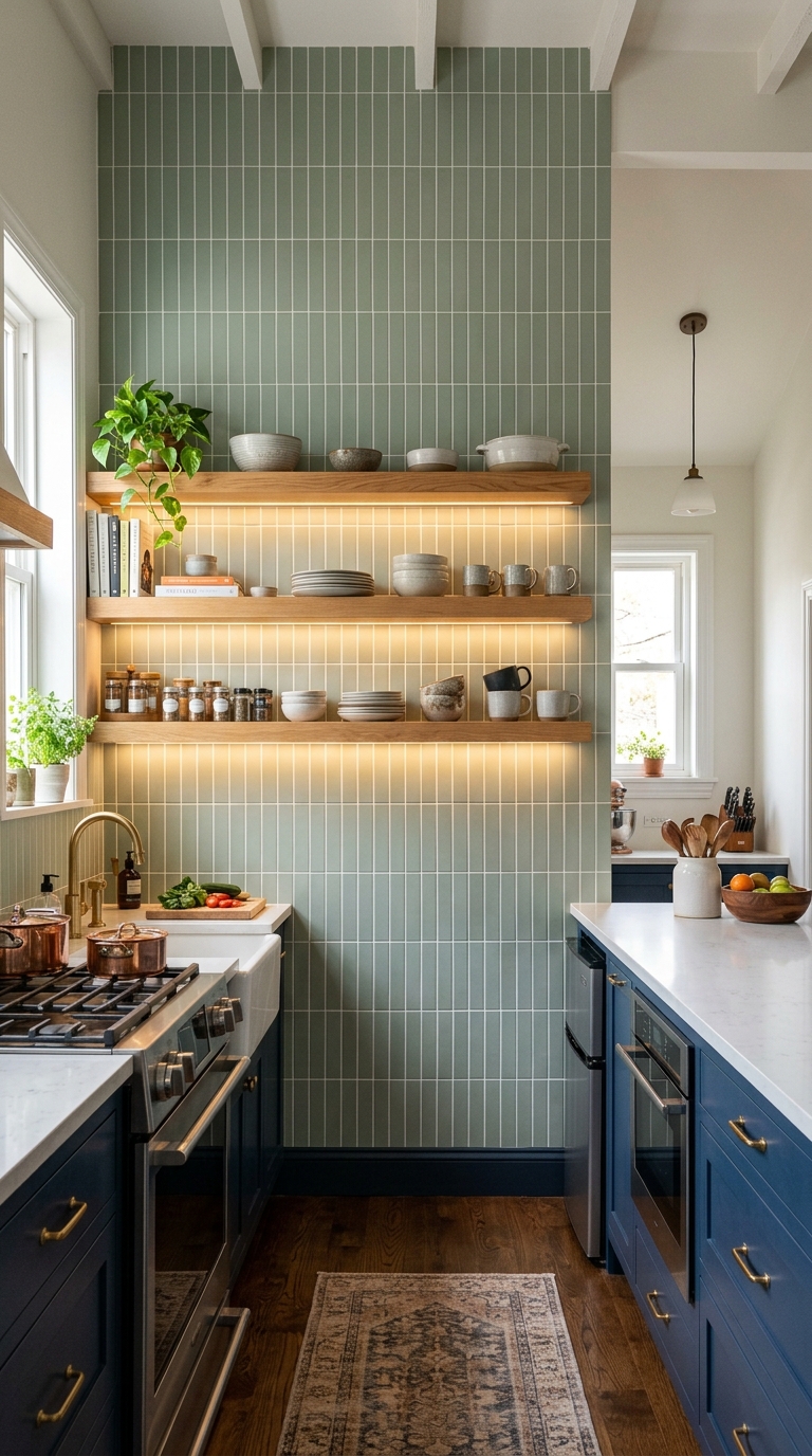Floor-to-ceiling vertical tile backsplash in sage green in a galley kitchen, making the narrow space appear taller and more open