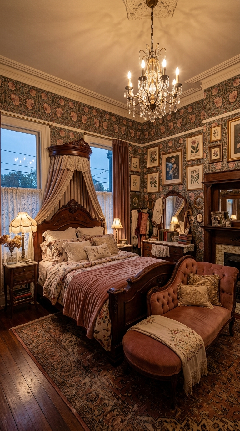 Rich Victorian floral wallpaper in a maximalist shabby chic bedroom with velvet chaise lounge and antique chandelier