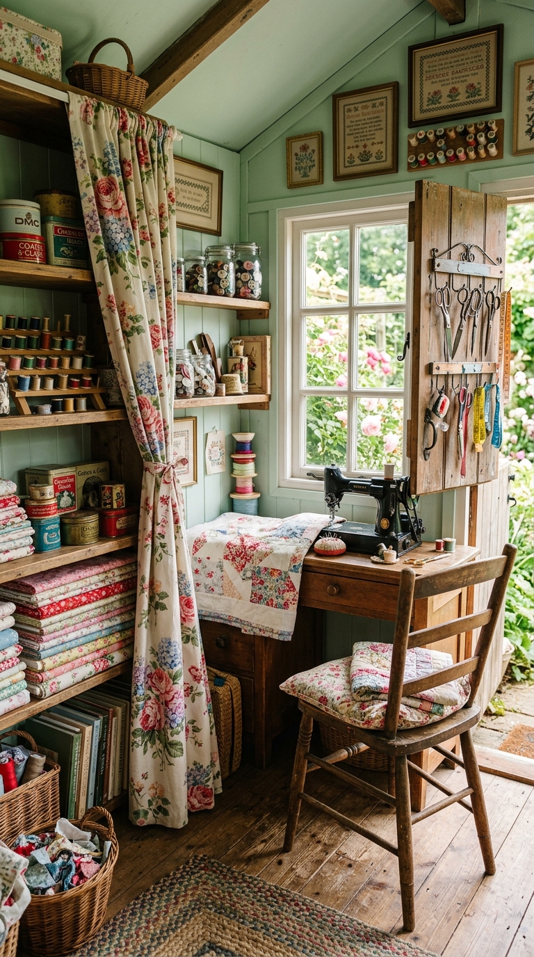 Vintage cottage sewing she shed idea with door-mounted notion storage rack