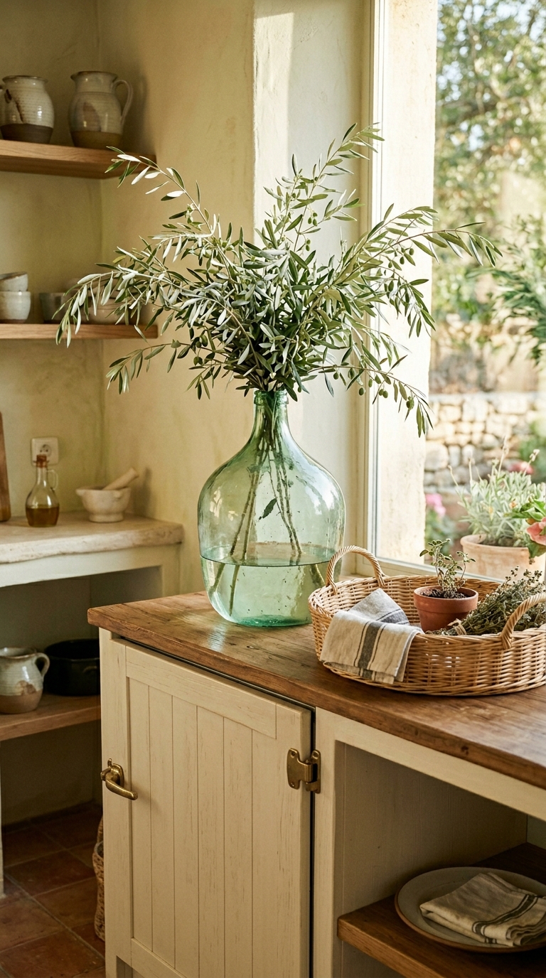 Vintage green glass demijohn with olive branches on top of kitchen refrigerator for summer styling