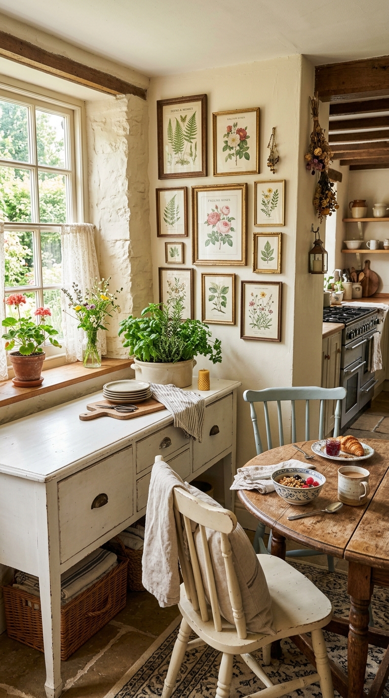 Cottage breakfast nook with vintage dresser sideboard and framed botanical print gallery wall