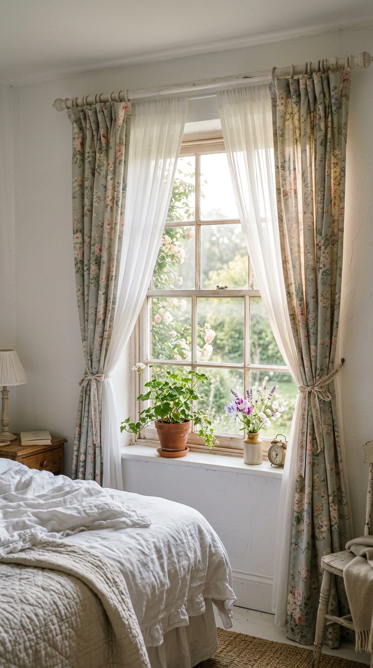 Vintage floral curtains layered over sheer white panels on a farmhouse shabby chic bedroom window with soft natural light