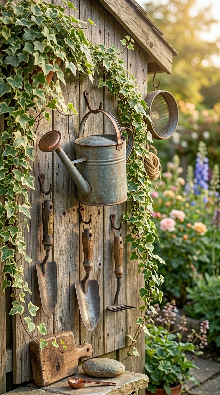 Vintage garden tools arranged as rustic wall art on a weathered wooden shed wall with trailing ivy