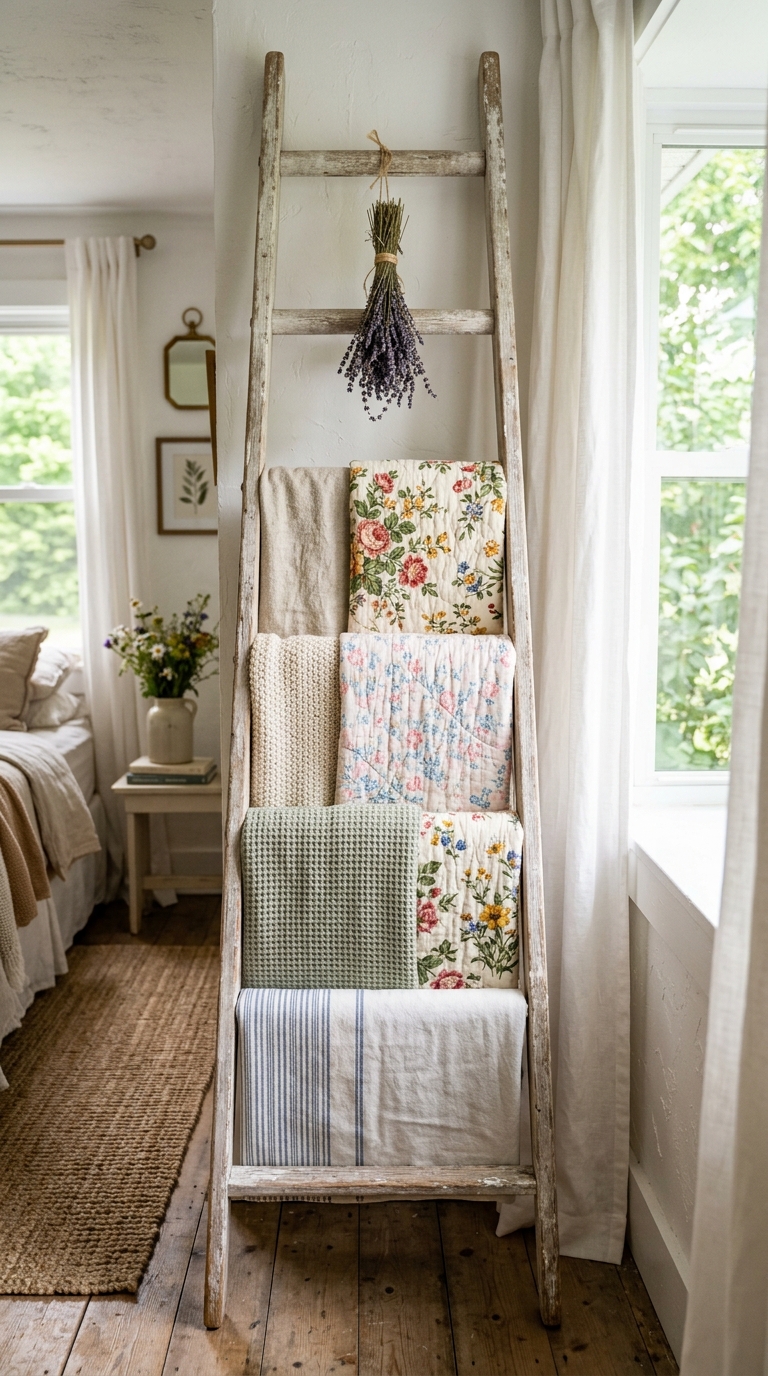 Whitewashed vintage wooden ladder used as blanket and linen storage in a farmhouse shabby chic bedroom with folded quilts draped over each rung