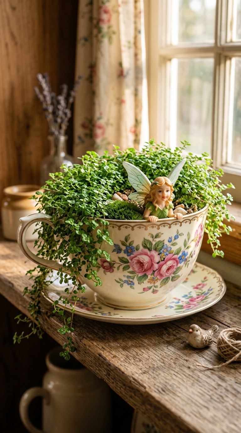 Fairy garden planted in a vintage floral teacup with baby's tears plant and fairy figurine